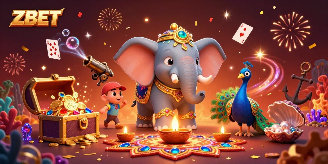 ZBET showcases a vibrant, festive 3D scene celebrating with an elephant, peacock, and rich casino elements.