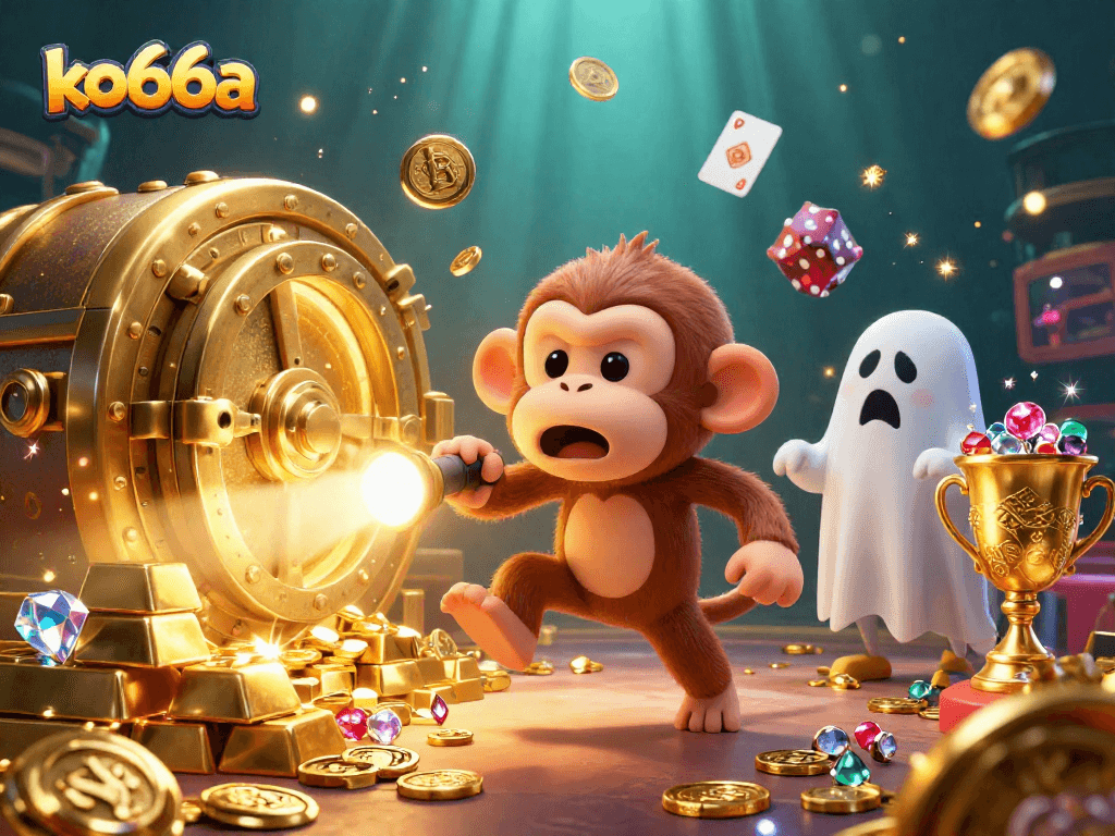 Engage in thrilling gameplay at ko66a with a golden monkey juggling coins and a curious puppy in a haunted casino.