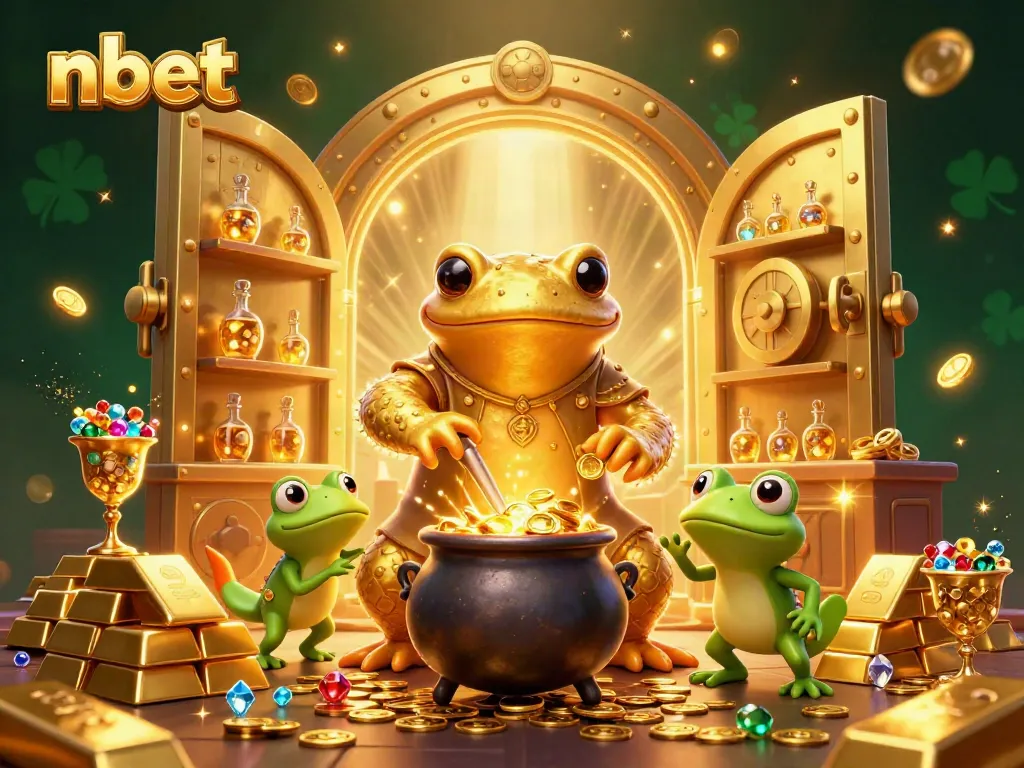Experience the enchanting world of nbet with vibrant golden alchemy and treasures in this 3D illustration.