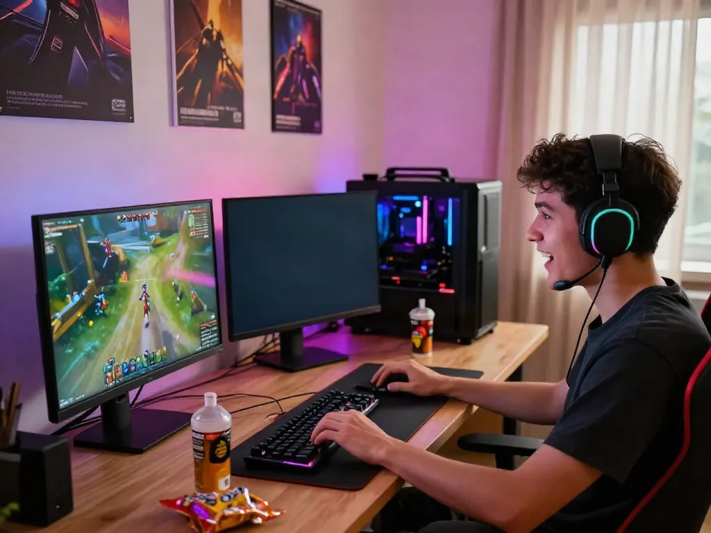 Excited gamer immersed in online play with 11bet on multiple screens.