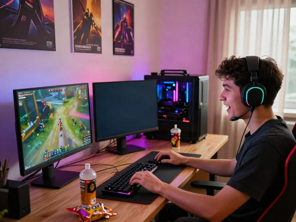 Excited gamer immersed in online play with 11bet on multiple screens.