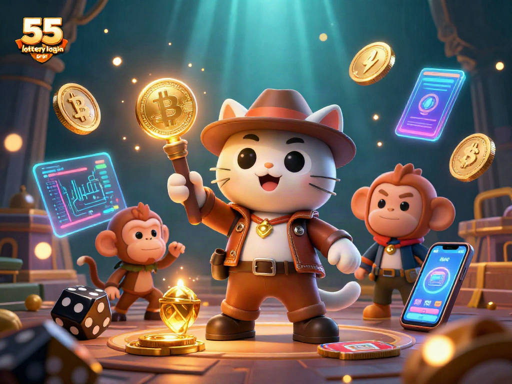 Engage with thrilling games at 55 lottery login, featuring a cat archaeologist uncovering casino treasures in a vibrant scene.