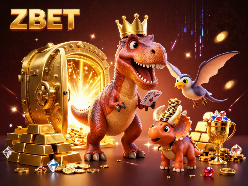 ZBET showcases a friendly T-Rex card shuffling while a pterodactyl assists and a triceratops stacks chips.