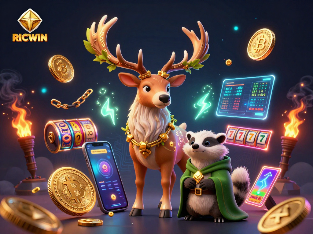 Engage with RICWIN's thrilling slots experience in a vivid 3D illustration featuring bitcoin and fantasy elements.