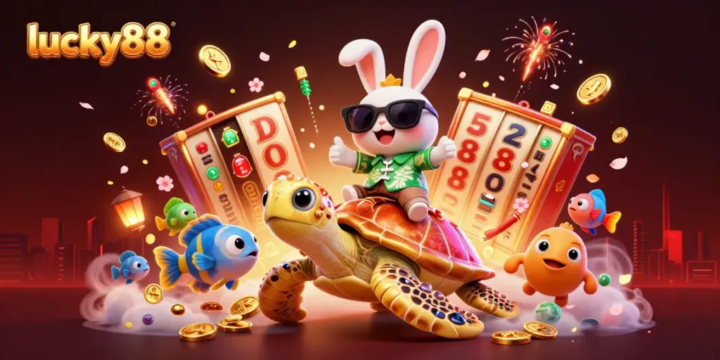 Engage with lucky88 by spinning slot reels in a vibrant 3D tropical casino scene.