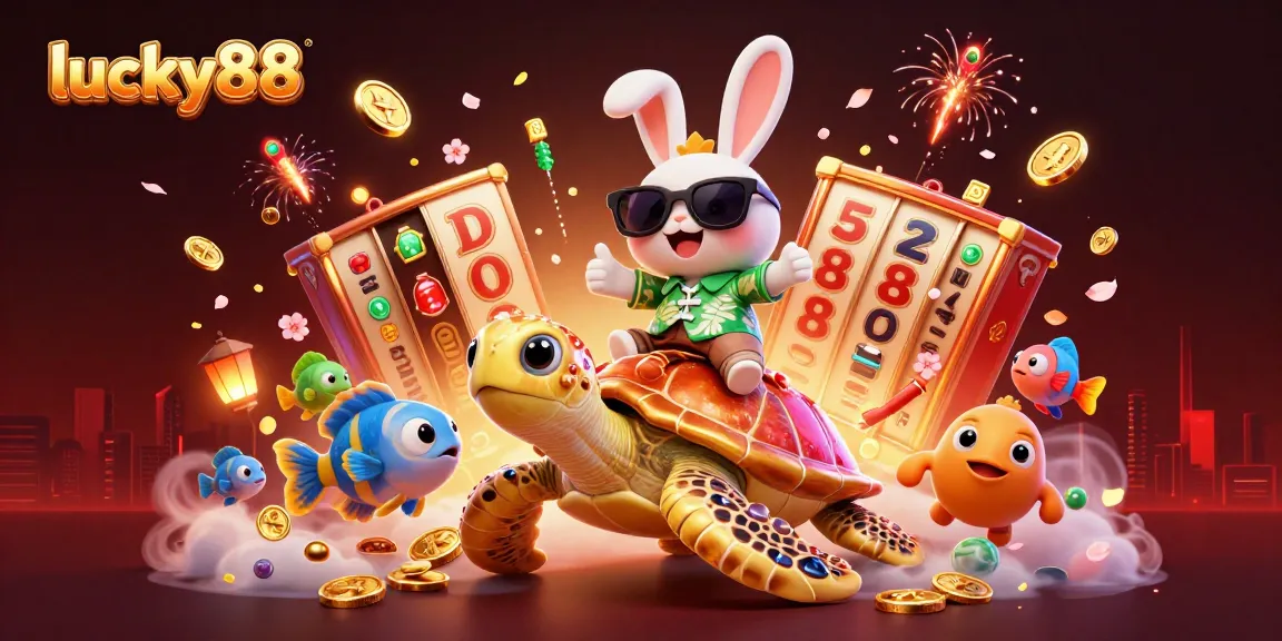 Engage with lucky88 by spinning slot reels in a vibrant 3D tropical casino scene.