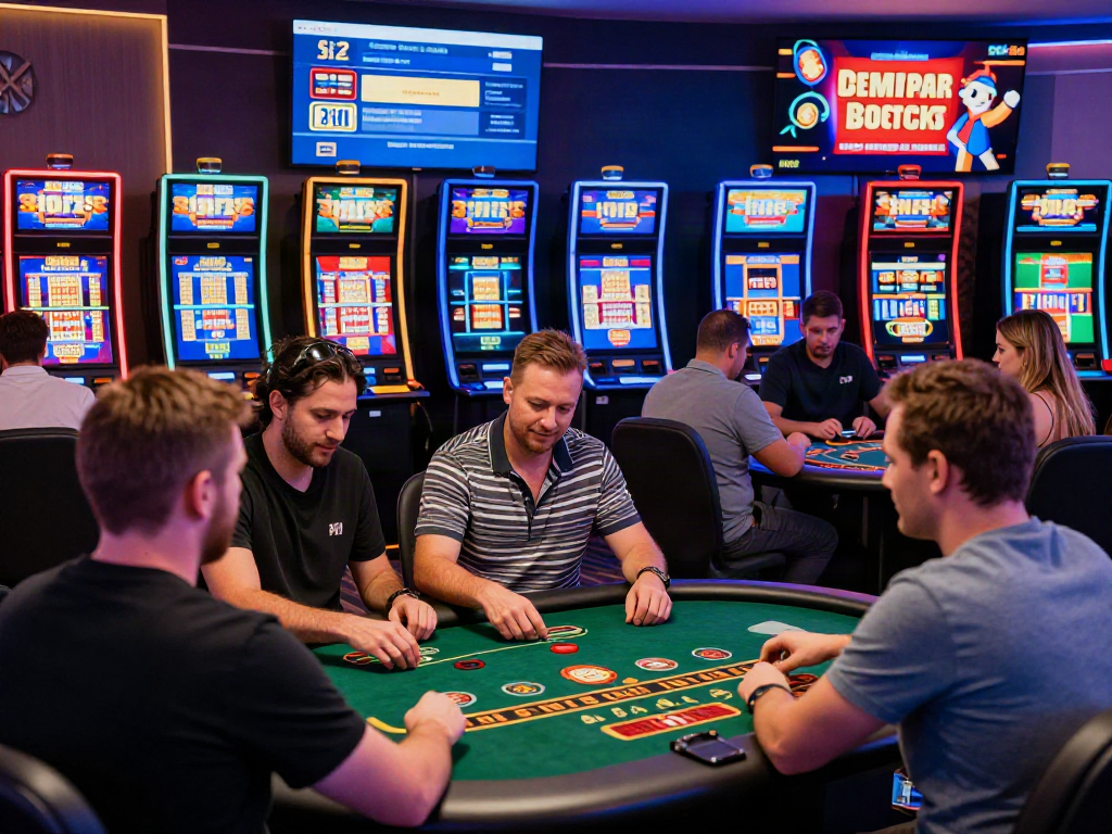 SIN88 engaging online casino experience with diverse players at vibrant tables and dynamic gaming screens.