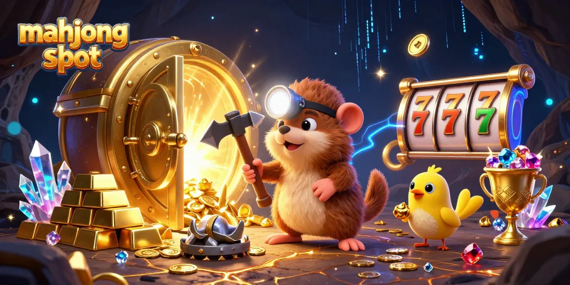 Engage with mahjong slot gameplay through this vibrant, illustrative 3D treasure-hunting scene.