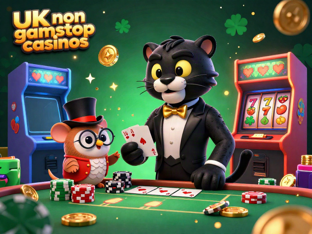 Engaging scene of UK non gamstop casinos with cartoon characters celebrating a winning hand at a vibrant table.