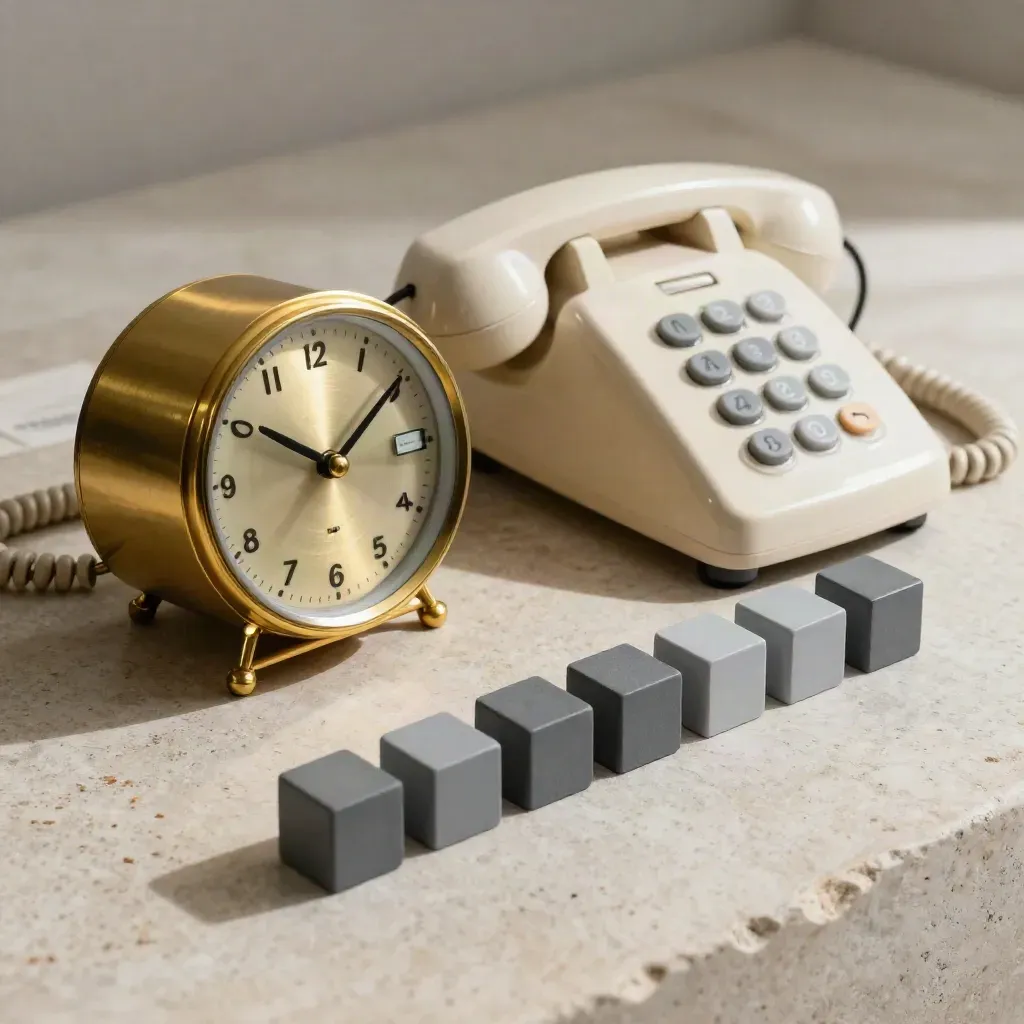 Brass clock, desk phone and routing cubes on pale stone in a premium triage still life.