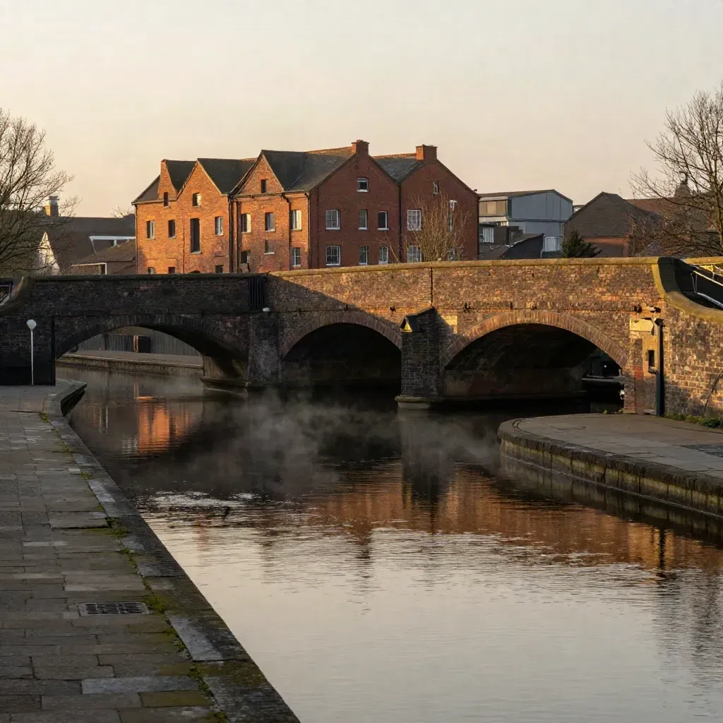Golden-hour West Midlands canal with brick bridges, warehouses and calm reflective water