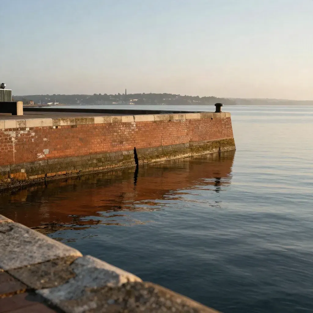 Terracotta quay bricks beside reflective water under a hazy North West England skyline.