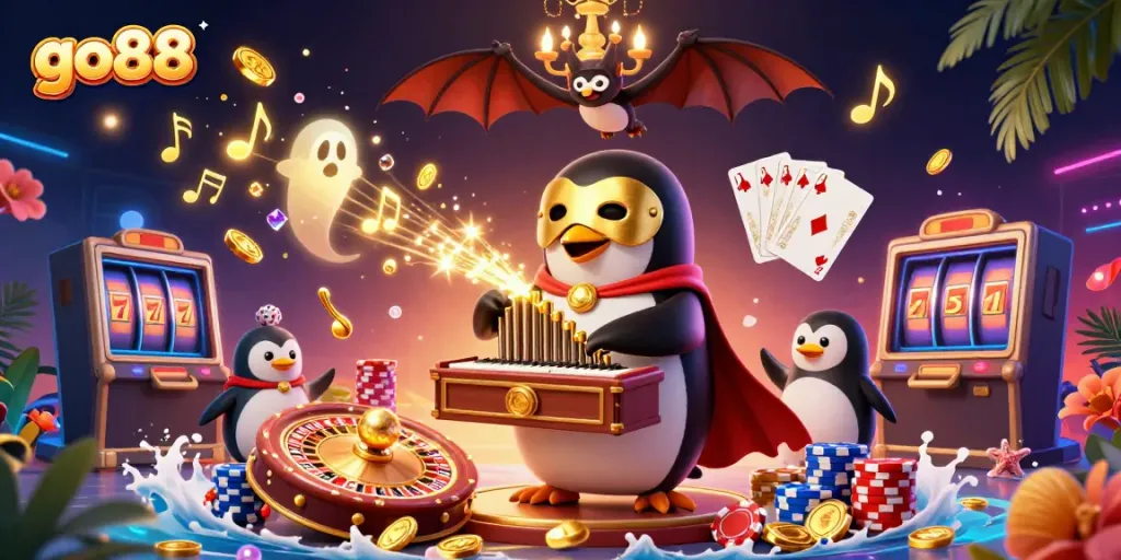 Experience thrilling moments at go88 with a 3D cartoon penguin and gold coins cascading around.