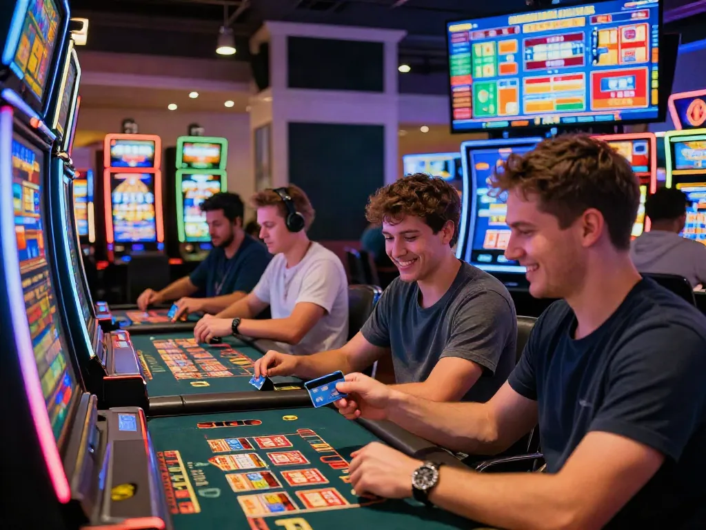 Exciting online credit card casinos scene with players engaging while using credit cards for deposits, highlighting the vibrant casino atmosphere.