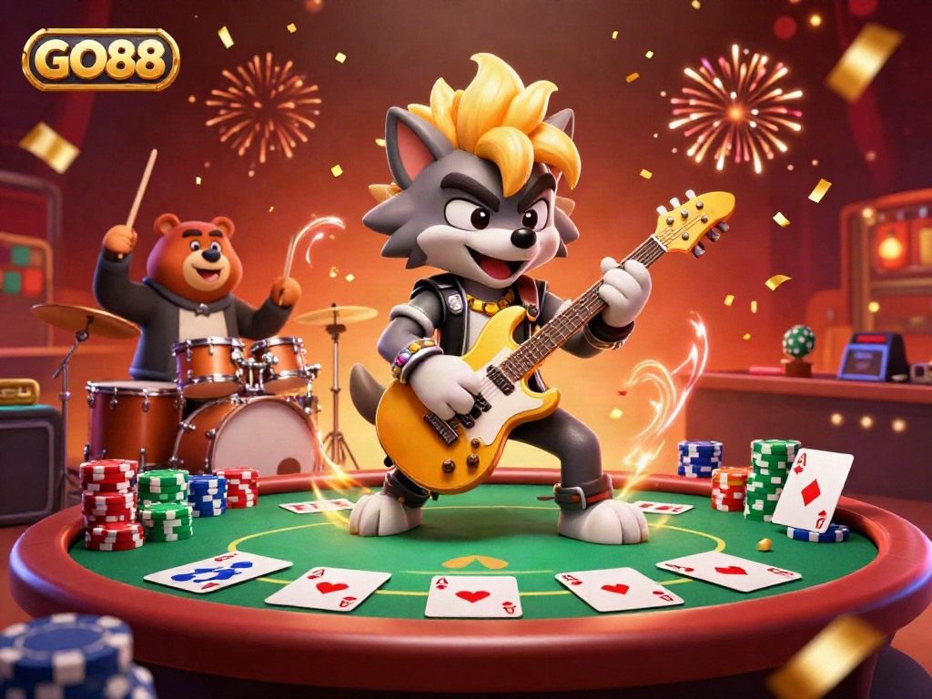 Experience the excitement of GO88 with a playful rock star wolf performing at a vibrant casino party.