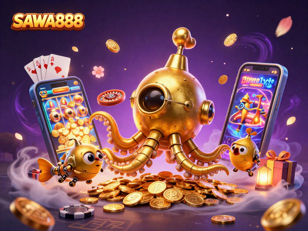 Experience the excitement of SAWA888 with golden kraken submarine and dynamic casino elements.