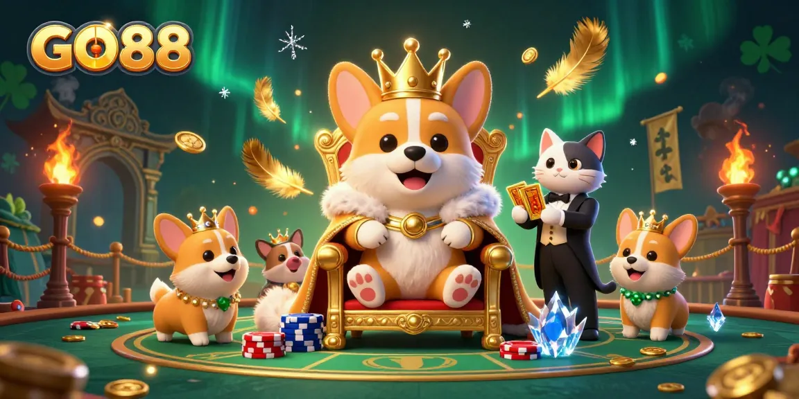Experience the excitement of GO88 with a cartoon royal corgi and butler presenting golden cards in an engaging casino scene.