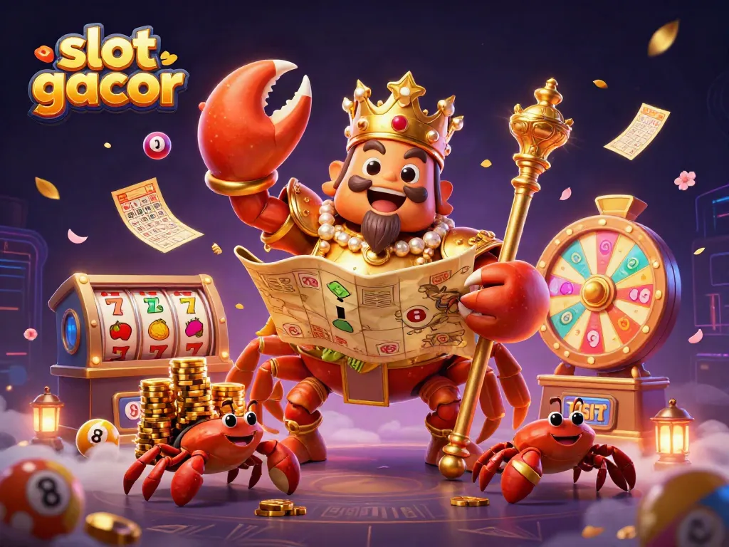 Engaging slot gacor themed 3D illustration showcasing a golden crab emperor in a lively casino atmosphere.