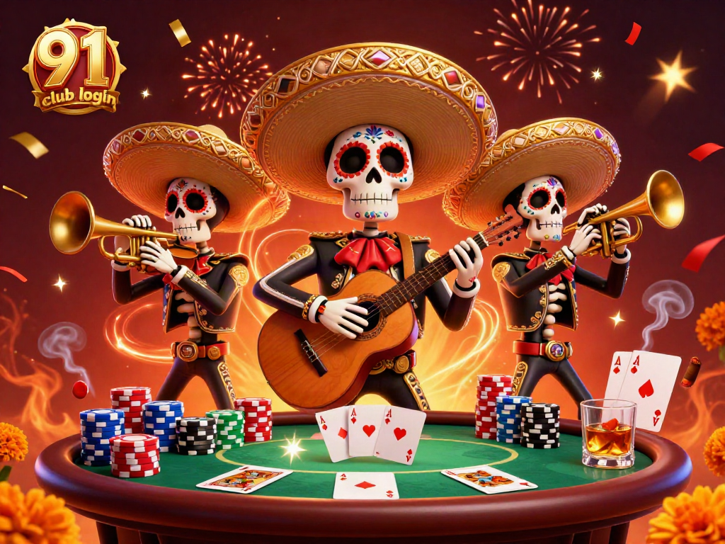 Engage with the exciting 91 club login scene featuring vibrant mariachi band and poker elements.