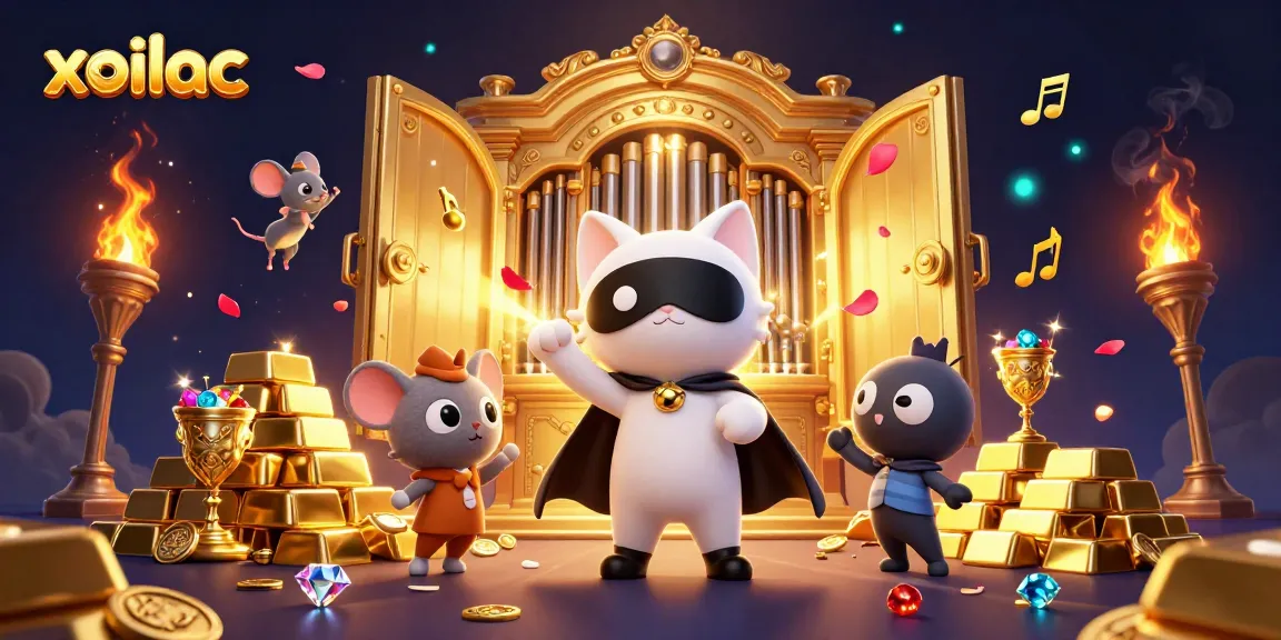 Xoilac features a phantom cat playing organ in a dazzling casino illustration.