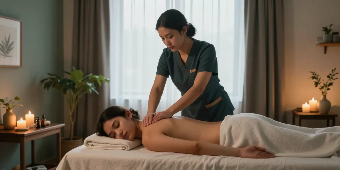 Tranquil scene of 잠실출장안마 with a professional therapist providing a relaxing massage in a peaceful home environment.