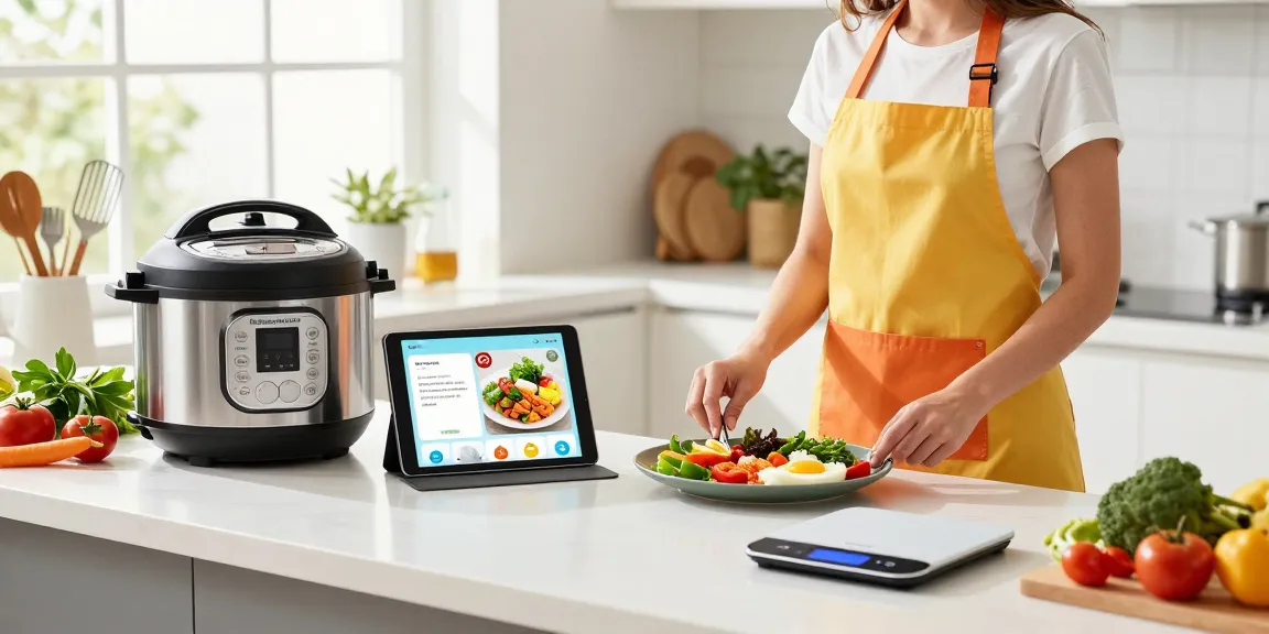 Smart kitchen gadgets enhancing meal prep in a bright kitchen with modern appliances.
