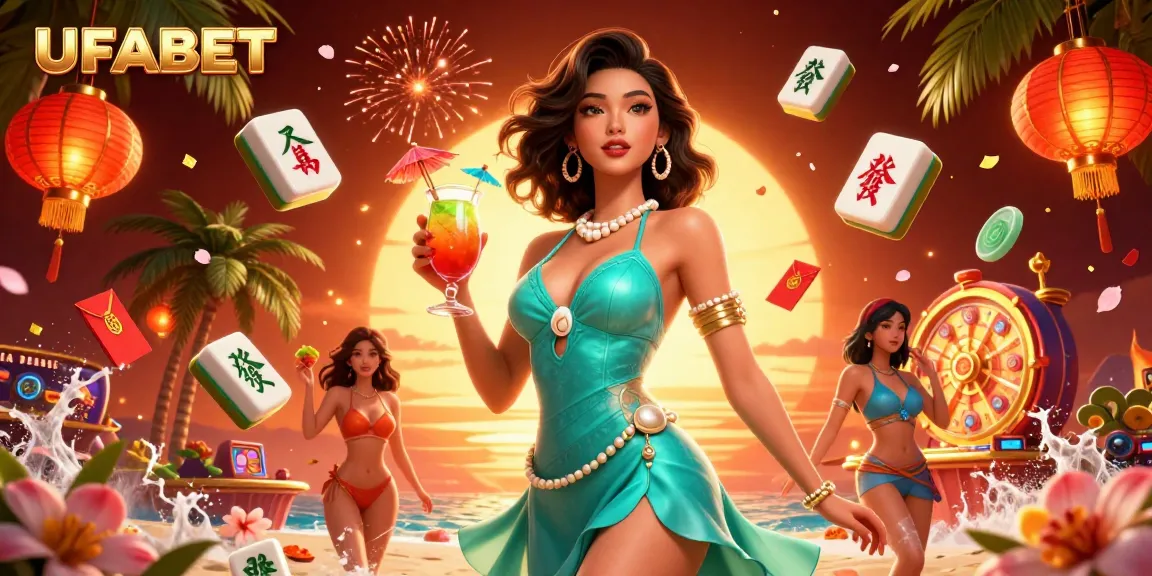 Experience UFABET's vibrant casino scene featuring a glamorous woman at a beach resort, celebrating with captivating elements.