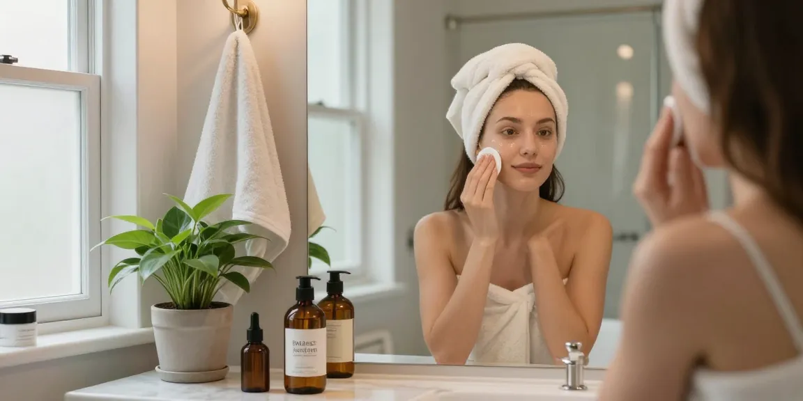 Refreshing application of Balance and Refresh Toner in a serene bathroom environment.