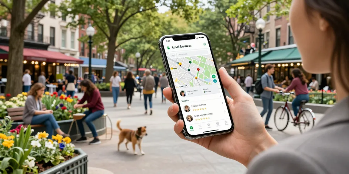 Local services finder app interface shown on smartphone in urban setting, enhancing community engagement and convenience.