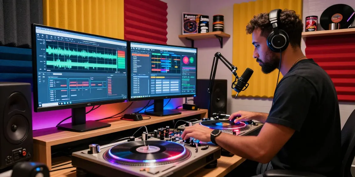 Exciting internet radio stations studio with DJ mixing live tracks and streaming software.