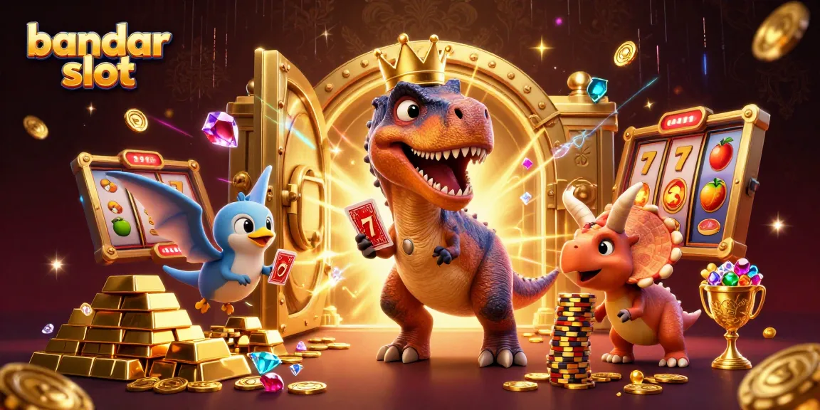 Engage with bandar slot gaming through a vibrant scene featuring a T-Rex shuffling cards and dynamic casino elements.