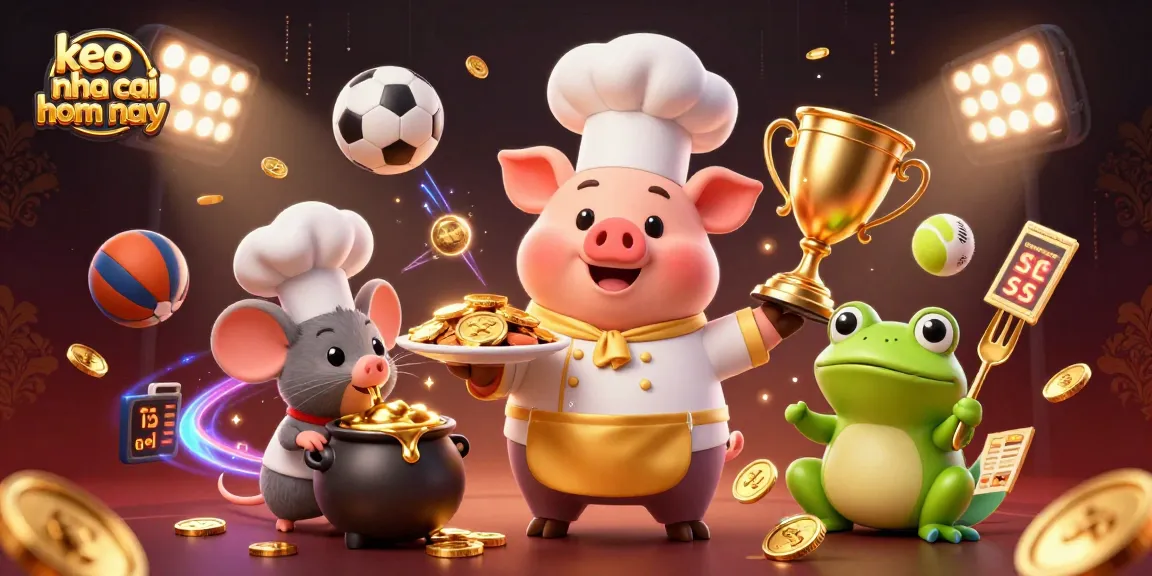 Bet on keo nha cai hom nay with a whimsical 3D illustration of a chef pig serving gold coins and sports elements.