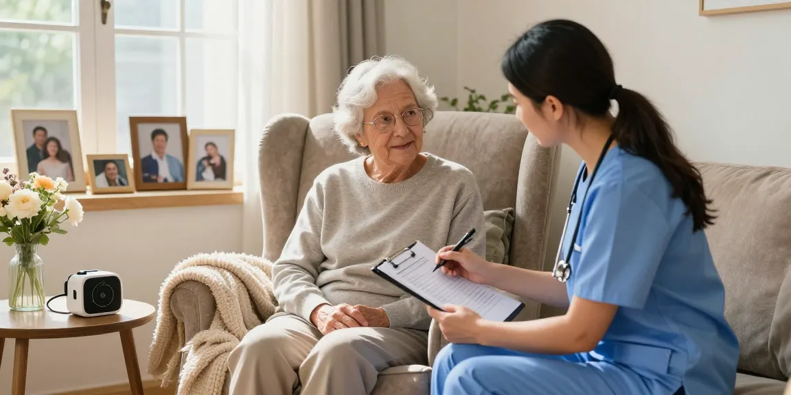 Compassionate caregiver discussing a hospital care package with an elderly client in a bright living room