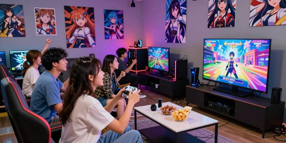 Friends playing a popular hentai game online in a vibrant gaming lounge.