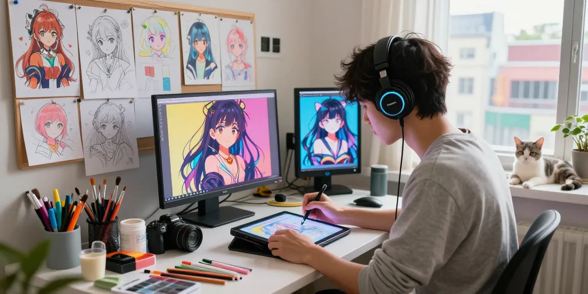 Ecchi AI illustration creation in a vibrant digital art studio with diverse materials and an artist focused on character design.