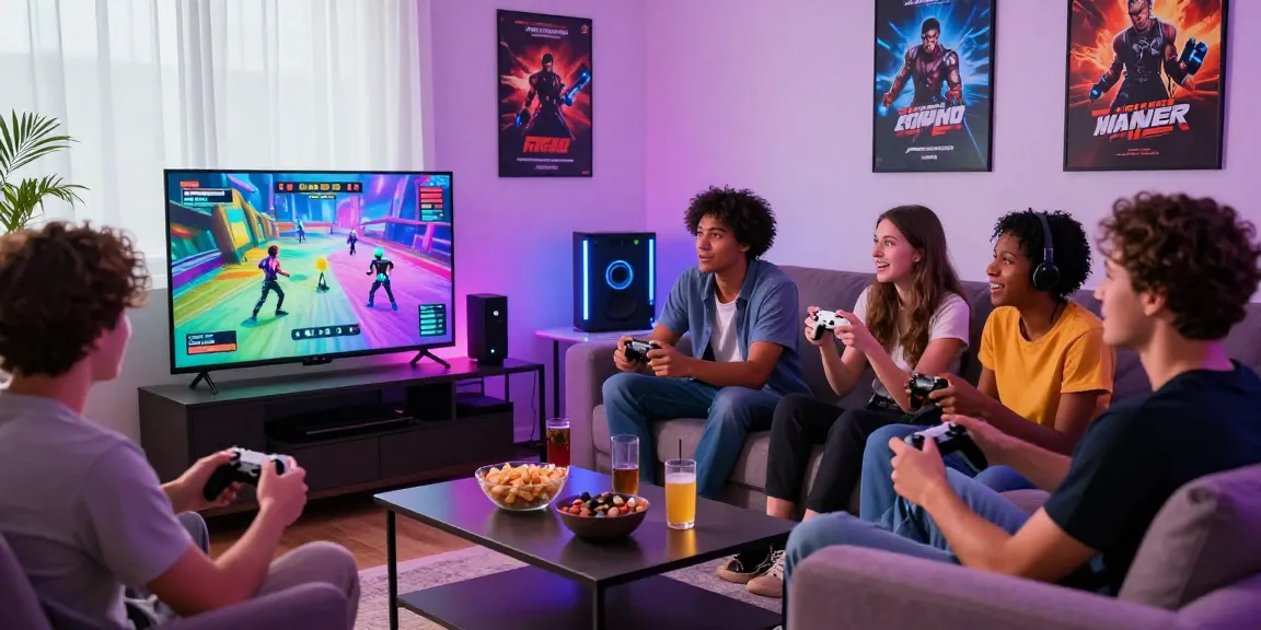 Exciting living room scene with friends playing an ero game together, showcasing a vibrant gaming atmosphere.
