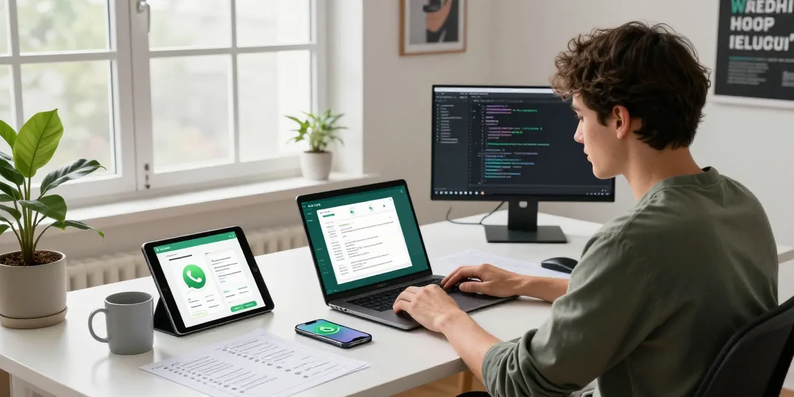 WhatsApp下載 mobile app development workspace with stylish desk, laptop, and natural light.