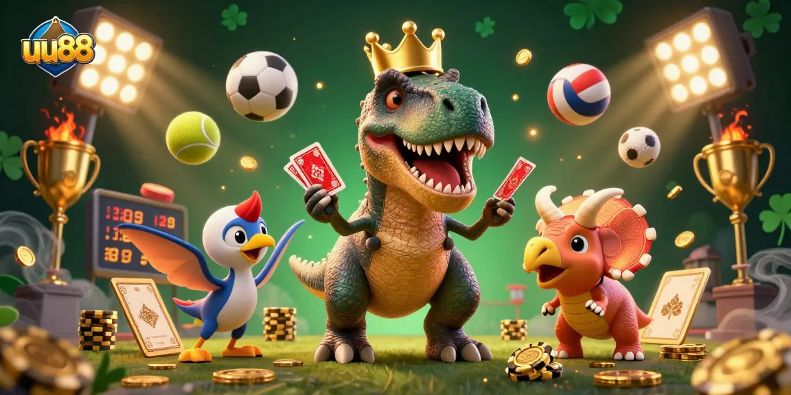 Engage in thrilling gameplay at uu88 with a T-Rex shuffling cards and a Pterodactyl assisting in this lively casino scene.