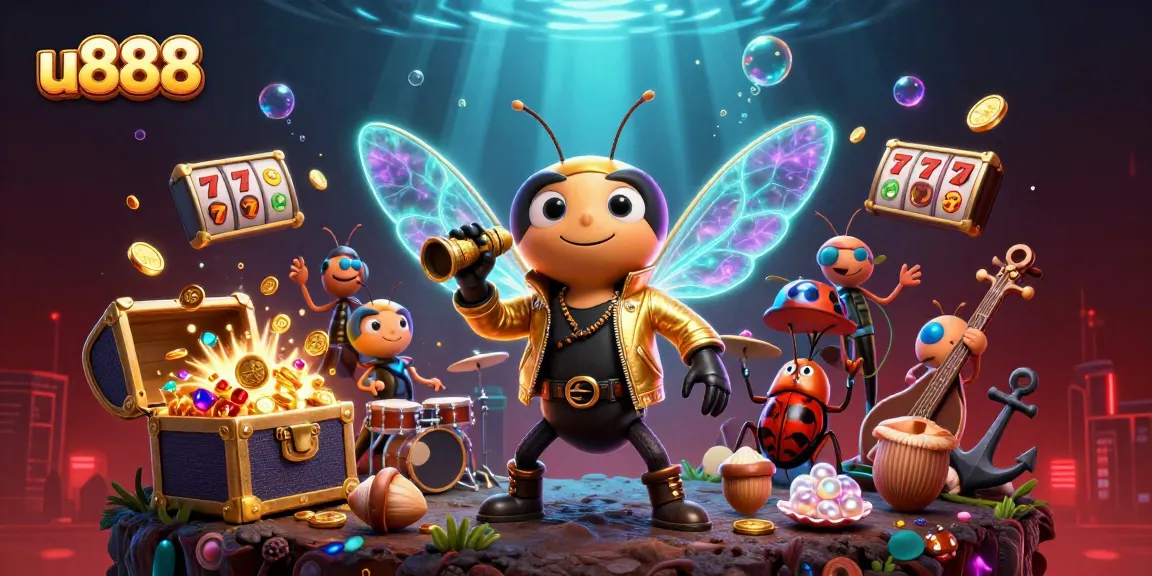 Join the excitement at u888 with a vibrant scene showcasing a gambling adventure filled with slot treasures.
