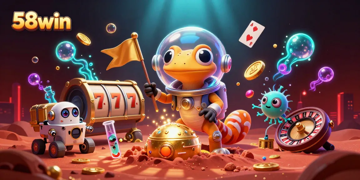 Explore thrilling casino adventures with 58win in a vibrant 3D Martian-themed illustration.