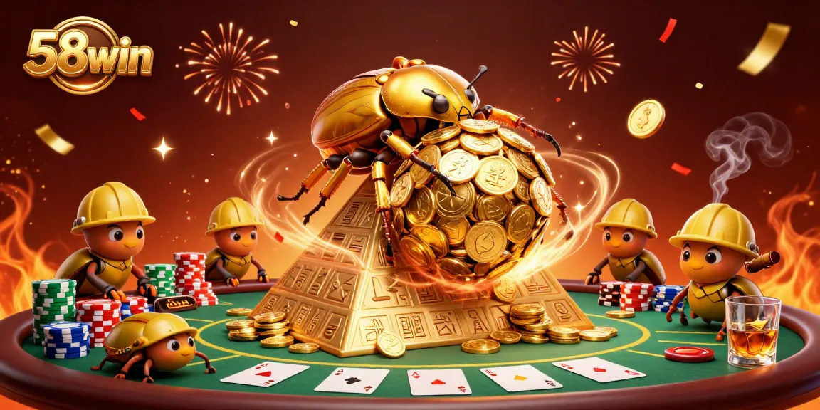 Experience the excitement of 58win with golden beetles rolling coins at a vibrant casino scene.