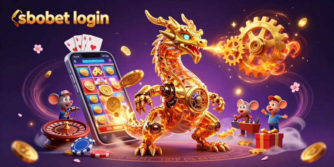 Engage in sbobet login with a vibrant scene of a golden dragon breathing gears amidst dynamic gaming elements