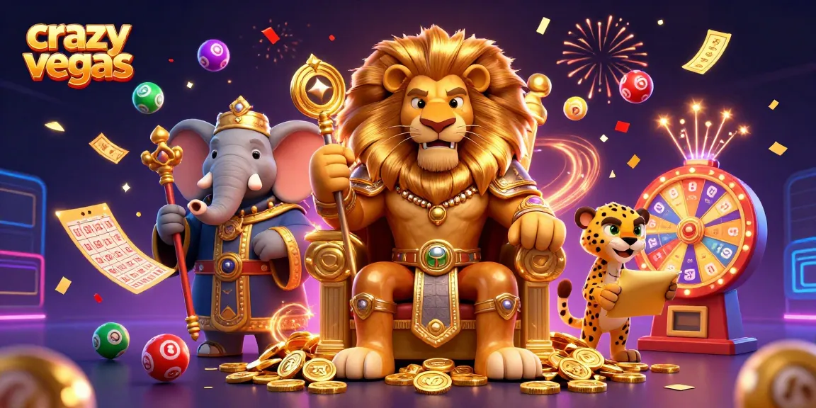 Experience the excitement at crazyvegas with a dynamic 3D illustration showcasing a lion king and vibrant lottery elements.