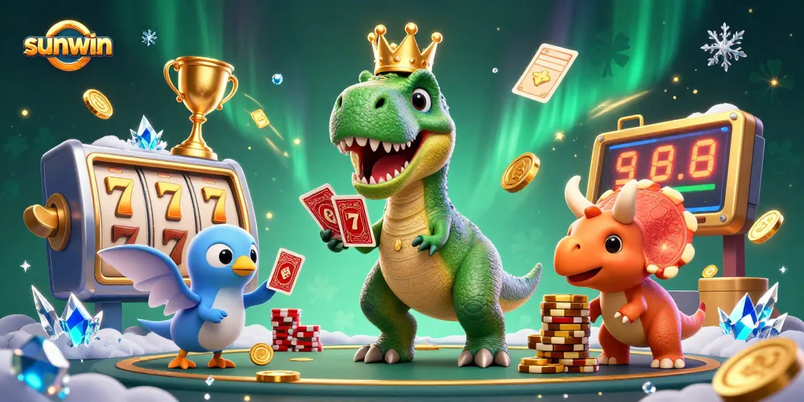Engage in thrilling slot games at sunwin with T-Rex, his assistant, and a baby Triceratops amidst dynamic casino elements.