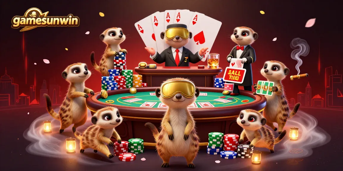 Experience thrilling gamesunwin action with meerkats running a vibrant casino, showcasing card deals and colorful chips.