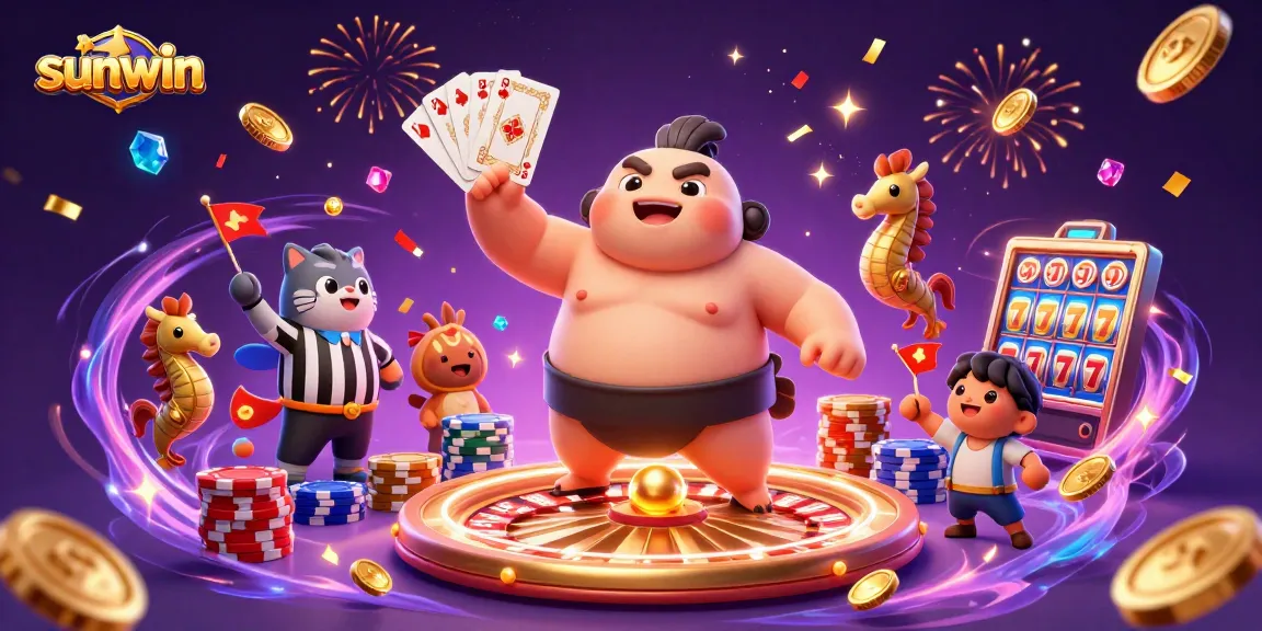 Play exciting games at Sunwin and join the fugu wrestling match surrounded by gold coins and poker chips.