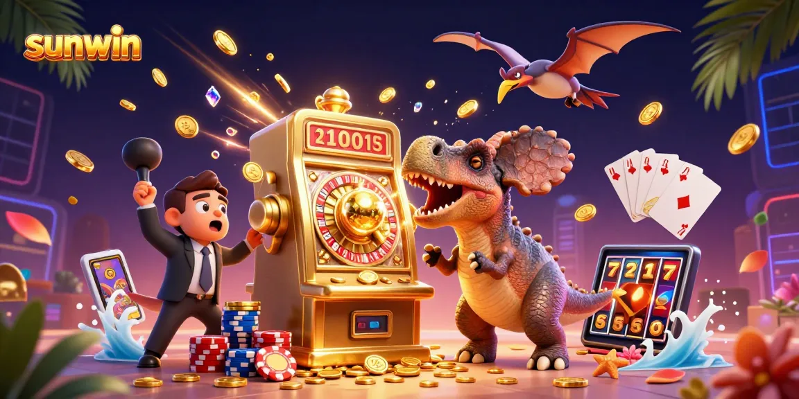 sunwin jackpot scene with a pachycephalosaurus headbutting a golden slot machine amidst cascading coins and casino elements